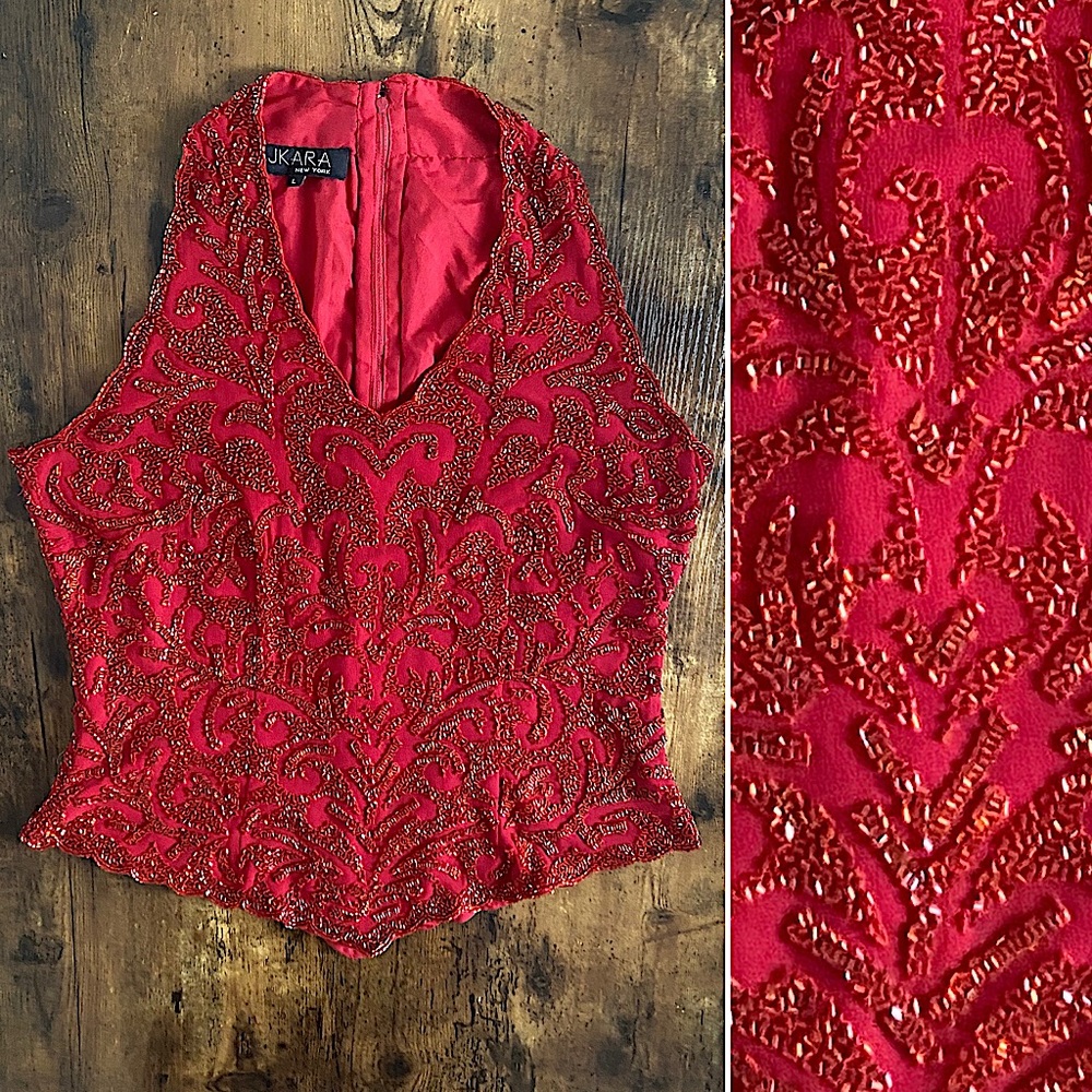 J Kara. Intricately Beaded, Formal Sleeveless Red Top. Size L.